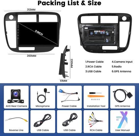 [2+64G] مجموعة راديو السيارة Hikity لسيارة Honda Civic 1998-2000 (LHD) Android 13 ستيريو لاسلكي CarPlay Android Auto Mirror Link، شاشة لمس 9 بوصة نظام تحديد المواقع GPS FM RDS كاميرا احتياطية in Kuwait