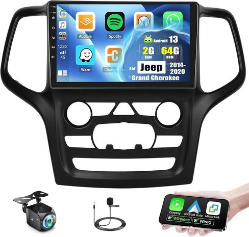 ستيريو سيارة 2G+64G Android 13 لسيارة Jeep Grand Cherokee 2014-2020 مع Apple Carplay Android Auto، وراديو سيارة بشاشة لمس 9 بوصات مع نظام ملاحة GPS، وبلوتوث، وراديو WiFi/FM/RDS، وSWC+كاميرا احتياطية in Saudi Arabia