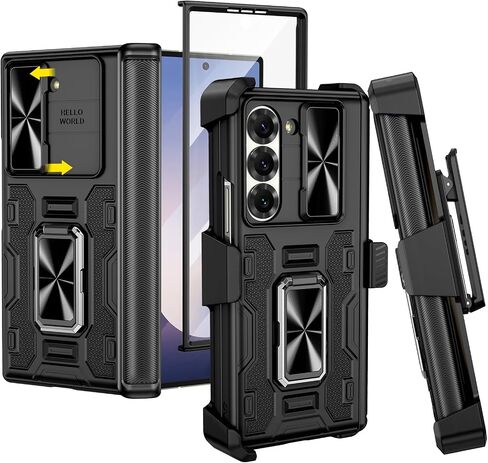 حافظة VEGO لهاتف Galaxy Z Fold 6 مع حافظة بمشبك حزام، ومسند مغناطيسي بحلقة 360 درجة وغطاء كاميرا وواقي شاشة أمامي وغطاء حماية مضاد للصدمات لهاتف Samsung Z Fold 6 - أسود in Kuwait