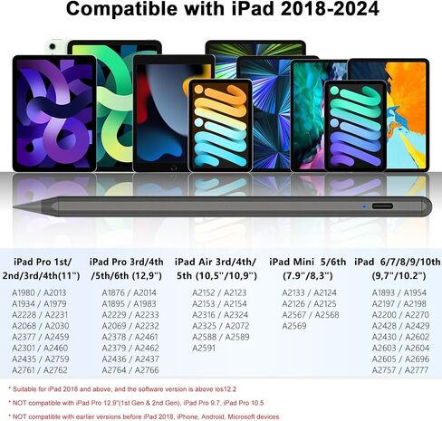قلم ستايلس لجهاز iPad مع شحن سريع ورفض راحة اليد وحساسية الميل. قلم لجهاز iPad متوافق مع iPad 6/7/8/9/10، iPad Air 3/4/5، iPad Mini 5/6، iPad Pro 11"/12.9" (رمادي) in Saudi Arabia
