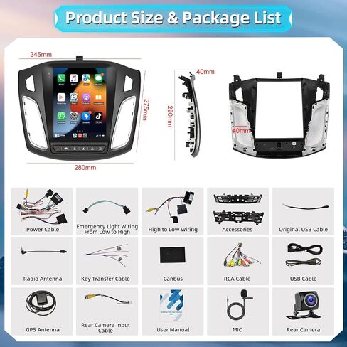 راديو ستيريو للسيارة Podofo Ford Focus 2012-2018 9.7 بوصة شاشة لمس عمودية مع Carplay/Android Auto Bluetooth صوت السيارة مع Android Auto GPS Navigation Mirror Link WiFi FM/RDS Hi-Fi كاميرا احتياطية in Saudi Arabia