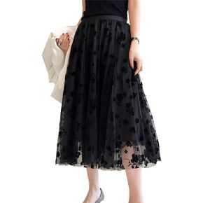 Womens Tulle Tutu Skirt Elastic High Waist Layered Skirt Floral Print Mesh Pleated Swing A-Line Midi Mini Skirt Dresses