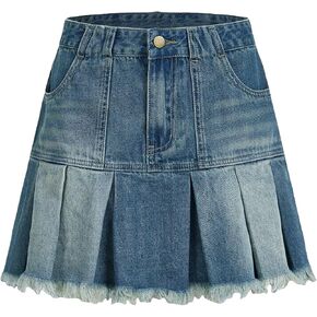 WDIRARA Women's High Waist Pleated Raw Hem Drop Waist Casual Basic Denim A Line Short Skirt