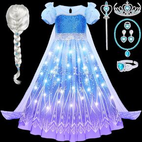 G.C Girls Light Up Elsa Frozen Costume Dress Princess Dress Up Clothes with Cape Toddler Kids Wig Crown Halloween Cosplay