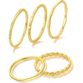 TOBENY 5PCS 14K Gold Plated Stacking Rings for Women Teen Girls Gold Silver Rose Gold Women's 14K Stackable Rings Plain Statement Band Ring 1mm-2mm Thin Rings Size 5 to 9