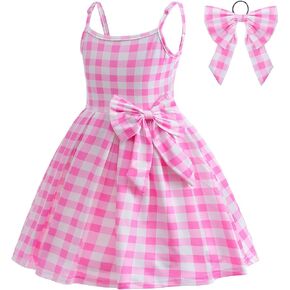 IBTOM CASTLE Girls Pink Gingham Costume Dress Cosplay Kids Party Halloween Fancy Plaid Dress Up Photoshoot w/Hat Bow