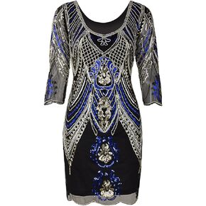 Vijiv 1920s Flapper Dress with 3/4 Sleeve V Neck Squins Cocktail Gatsby Dresses
