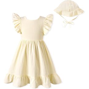 fioukiay Toddler Girl Dress Cotton Linen Ruffle Sleeve Beach Dresses Kids Summer Sundress with Hat