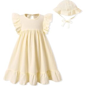 fioukiay Toddler Girl Dress Cotton Linen Ruffle Sleeve Beach Dresses Kids Summer Sundress with Hat
