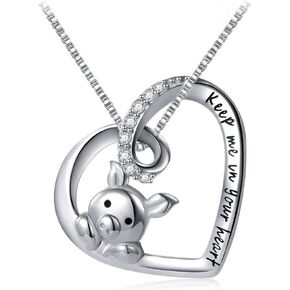 Cute Little Pig Sterling Silver Crystal Love Pendant Necklaces for Her Women Girls Engraved "Keep Me in Your Heart" Nice Gifts