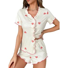 WDIRARA Women's Sleepwear Heart Print V Neck Button Front Short Sleeve Shirt and Lettuce Trim Shorts Pajama Set