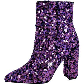 dollskiss Women's Sequin Pointed Toe Chunky Heel Ankle Boots