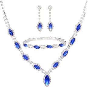 3 Piece Jewelry Set for Women - Silver Marquise Rhinestone Austrian Crystal Bridal Bride Bridesmaids Statement Choker Necklace Dangle Earrings Link Bangle Bracelet for Wedding Prom Party Girls Costume Jewelry