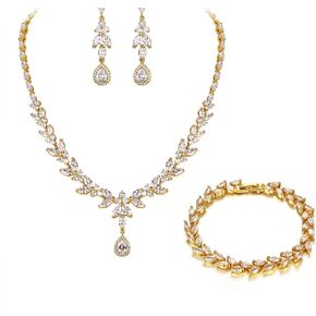 BriLove Wedding Teardrop CZ Pendant Necklace Leaf Dangle Earrings Jewelry Set for Women Bridal