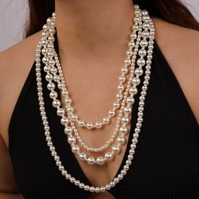 Missgrace Women Bride Boho 1920s Fashion Faux Multi-Strand Pearl Beads Choker Necklace Long Pearl Dangle Earrings and Necklace Jewelry Set Prom Party Chunky Necklace for Women