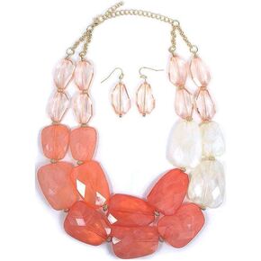Pink Peach Coral Melon Salmon Colored Resin Big Chunky Statement Necklace Earrings Set