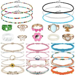 Sanfenly 28 قطعة للنساء مطرز بالخرز، قلادات بوهيمية من الخرز، سلسلة أساور، حزمة الصداقة، مجموعة خواتم لطيفة، مجموعة مجوهرات جمالية in Kuwait