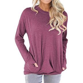 Unidear Women Casual Long Sleeve Shirts Round Neck Loose Fit Blouses Lightweight Tops