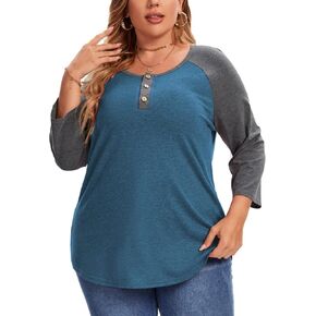 Plus Size Tops for Women 3/4 Sleeve Shirts Crewneck Color Block Blouse Casual Henley Tops