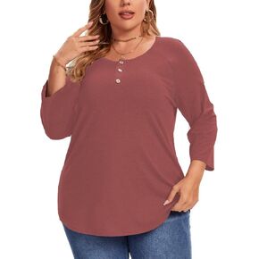 Plus Size Tops for Women 3/4 Sleeve Shirts Crewneck Color Block Blouse Casual Henley Tops in Kuwait