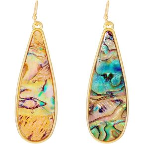 Big Abalone Shell Teardrop Earrings for Women Girls Gold Plated Boho Statement Handmade Colorful Chic Waterdrop Geometric Large Stone Dangle Drop Earrings for Ethnic Style Fashion Jewelry Gifts