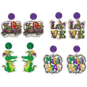 Wonlte 4 Pairs Mardi Gras Earrings for Women Girls Carnival Parade Mask Lobster Modelling Earrings Set Fleur De Lis Earrings Acrylic Mardi Gars Jewelry for Fat Tuesday Celebrations Party