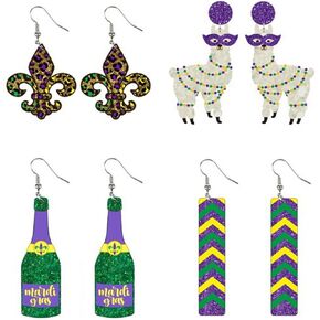 Wonlte 4 Pairs Mardi Gras Earrings for Women Girls Carnival Parade Mask Lobster Modelling Earrings Set Fleur De Lis Earrings Acrylic Mardi Gars Jewelry for Fat Tuesday Celebrations Party