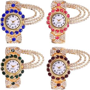 CdyBox Ladies Diamond-Studded Watched Quartz Wristwatch Fashion Open Alloy Bracelet Watch 4 Pack