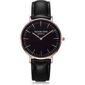 ساعة يد فيكتوريا هايد بسيطة وسهلة القراءة للرجال والنساء مع حزام من الجلد الطبيعي قابل للفصل أسود ورمادي مقاوم للماء in Kuwait
