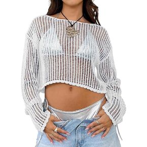 Lauweion Women's Crochet Long Sleeve Crop Tops Knit Hollow Out Boat Neck Mesh Summer Beach Cover Up Shirt in Kuwait