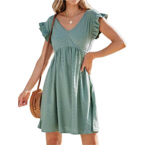 CUPSHE Women's Mini Dress Ruffled Cap Sleeve V Neck Hollow Out Knit Beach Summer Dress