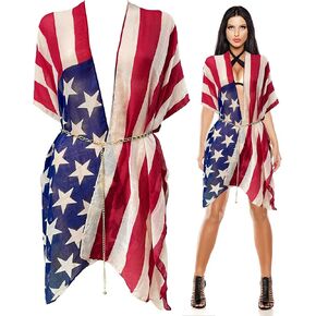 American Flag Print Cardigan, July 4th USA Star Stripe Patriotic Shawl Open Kimono Cardi Vest Cover up Scarf for Summer Beach Poncho Tunic in Kuwait