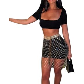 FlyCC Women Rhinestone Glitter Mesh See Through Hollow Out Beach Bikni Swimsuit Cover Up Mini Skirt