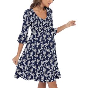 3/4 Sleeve Maternity Dress, V Neck Fall Casual Smocked Flowy Midi Dress for Baby Shower Photoshoot