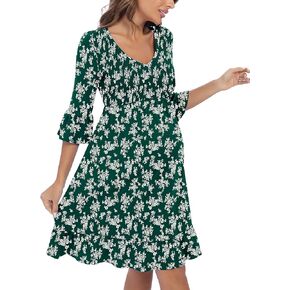 3/4 Sleeve Maternity Dress, V Neck Fall Casual Smocked Flowy Midi Dress for Baby Shower Photoshoot