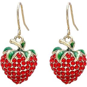 Sweet Cute Fruit Strawberry Drop Dangle Earrings for Women Girls Red Full Rhinestone Simulation Strawberry Earrings