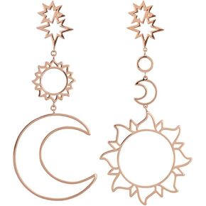coadipress Sun Moon Earrings for Women Girls Unique Vintage Bohemian Abstract Hollow Natural Moonstone Dangle Drop Statement Asymmetry Earrings Jewelry