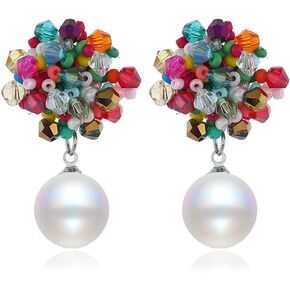 Boho Beaded Pearl Dangle Drop Earrings for Women Girls Piercing Ear Bohemian Big Round Ball Bead Stud Post Handmade Cluster Fashion Earring Jewelry Gifts 5 Colors (Rainbow)