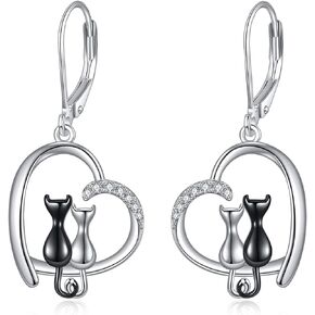 VONALA Cat Gifts for Cat Lover Black Cat Earrings for Women 925 Sterling Silver Leverback Earrings Moon Cat Jewelry Birthday Mother's Day