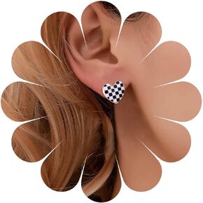 Yheakne Boho Checkered Heart Earrings Acrylic Heart Checker Earrings Black White Checkerboard Earrings Enamel Love Heart Stud Earrings Jewelry for Women and Girls
