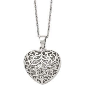 Solid Stainless Steel Filigree Puffed Heart Pendant Necklace