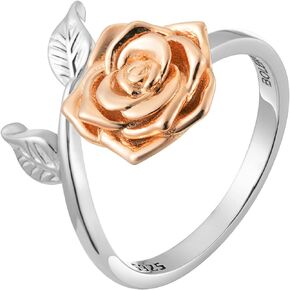Bolenvi Realistic Rose Flower Ring Sterling Silver & 18K Gold Plated Jewelry Adjustable Size