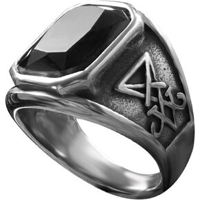 bahamut Baphomet Black Gemstone Ring Sigil of Lucifer Satan Symbol Signet Ring for Men,Fallen Angels Satanic Jewelry