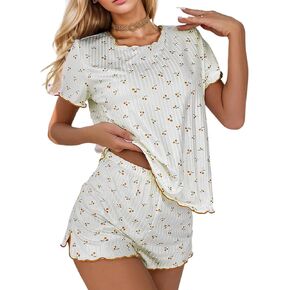 Yimoon Women's Cute Pajama Set Cherry Print Short Sleeve Tee and Shorts 2 Piece Sleepwear Lounge Set