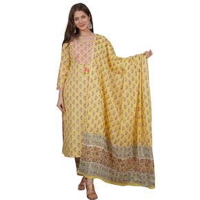 Meera Fab Women's Cotton Printed Green Printed Straight Embroidery Kurta With Palazzo & Dupatta