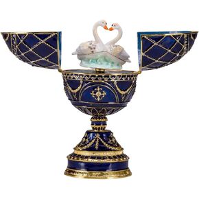 Faberge style Egg/Music Box/Trinket Jewel Box with Two Swans 6.8'' (17 cm) blue