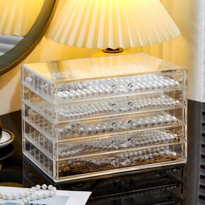 Necklace Organizer Box, Tray with 5 Clear Drawers, Dustproof Necklaces Holder Storage Display Case, Necklace Tray Drawer for Pendant Suitable for Women and Girls (transparent)