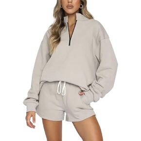 Kissonic Women 2 Piece Lounge Sets Oversized Sweatsuits Fleece Half Zip Sweatshirts Casual Short Tracksuit Set