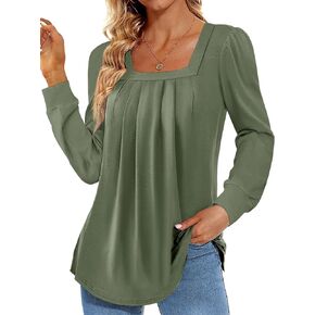 Danedvi Womens Square Neck Long Sleeve Tunic Tops Casual Pleated Puff Sleeve T Shirts Fall Loose Blouse Tee