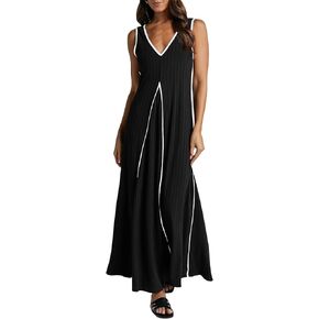 Pink Queen Women's Casual Loose Sundress Long Dress V Neck Sleeveless Backless Maxi Dresses Summer Beach Dress